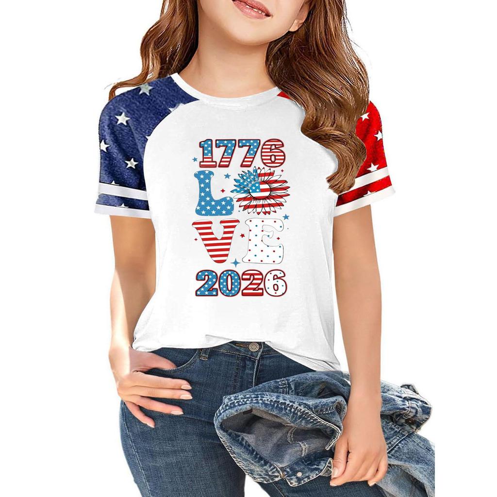 Kids Independence Day Graphic T-Shirt Short Sleeve Crew Neck Casual Tee with Patriotic Print and Star Pattern Sleeves for Boys and Girls