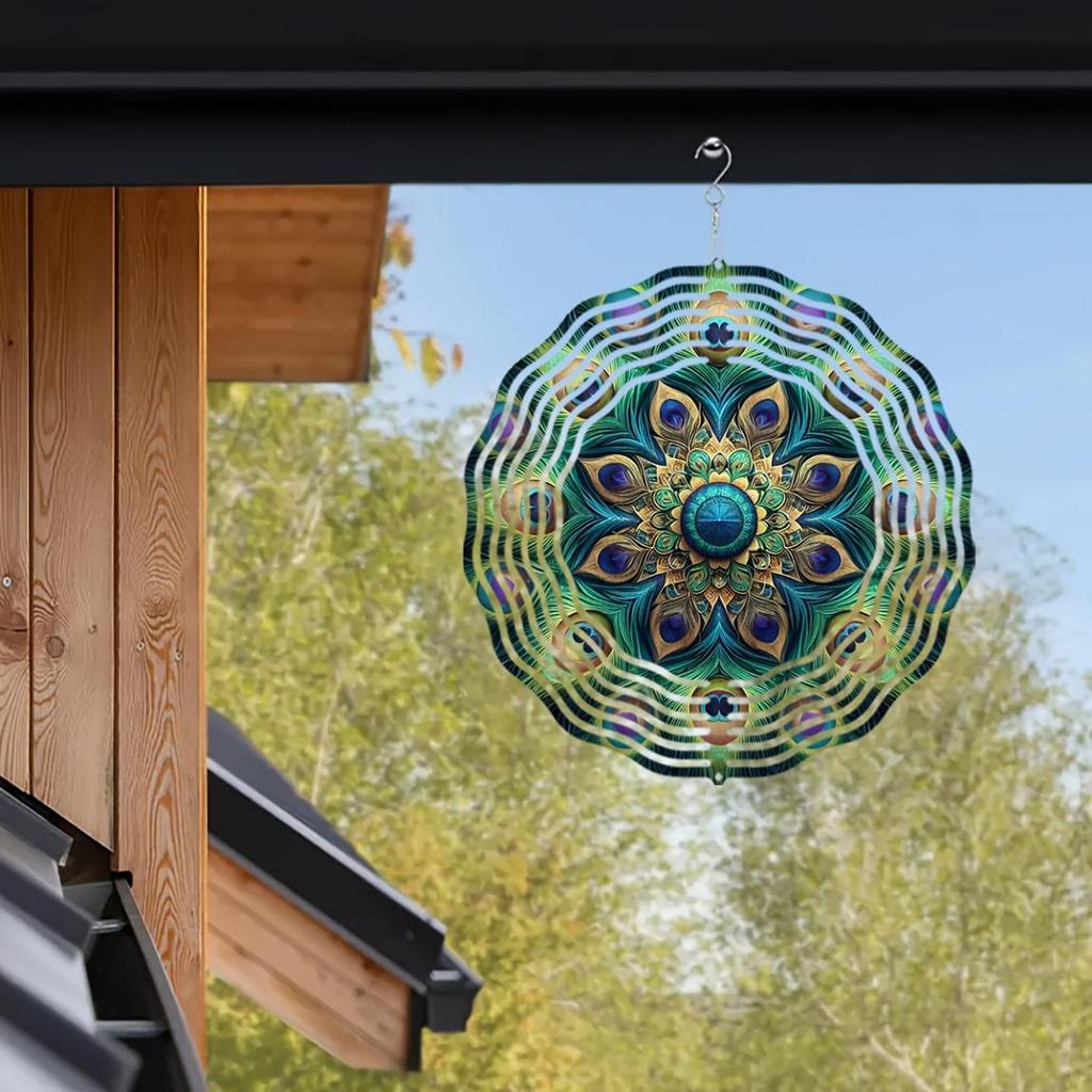 10palcový 3D laserem vyřezávaný kovový větrník Geometrický design pávího pera 360° otočný háček Venkovní Vnitřní zahradní dekorace Dárek na kolaudaci pro ženy muže