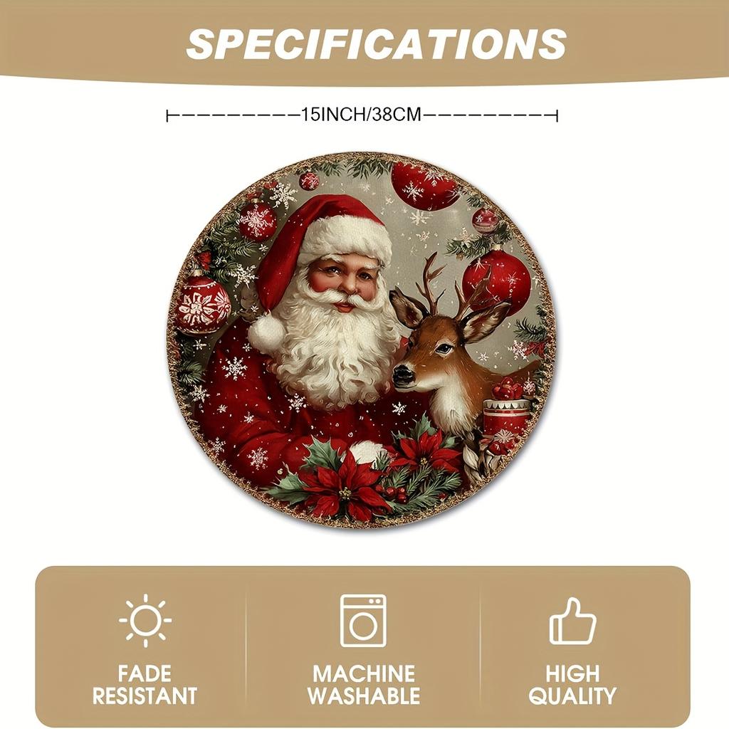 4pcs/6pcs Vintage Christmas Round Placemats, Washable Linen Table Mats Featuring Santa, Reindeer, Red Ornaments, and Poinsettias, Ideal for Kitchen Ta
