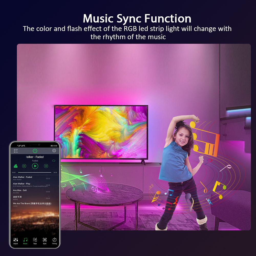 Nexillumi 5050 RGB LED Strip Lights, 5m/10m/15m/20m/30m Bluetooth APP Control Music Sync Ribbon with 12V/24V Adapter for Decor