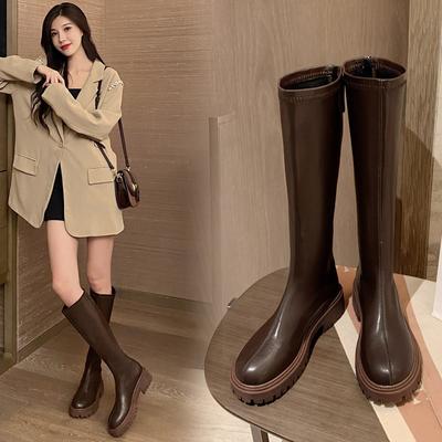2024 Neue Plateau Braune Lange Stiefel für Damen Herbst Winter Dicke Sohle Kniehohe Ritterstiefel Damen Einfarbig Reißverschluss Schuhe