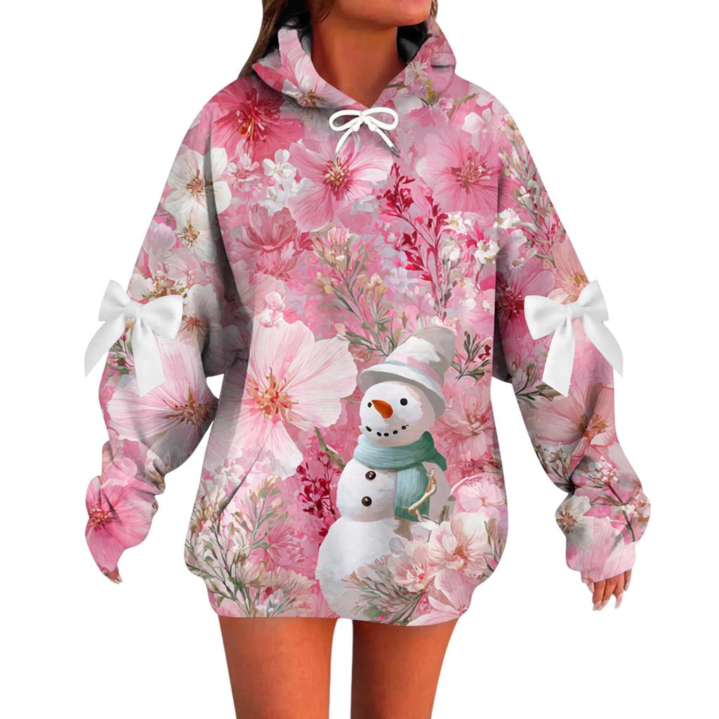 Ladies' Christmas Printed Bow Long Sleeved Loose Fitting Headband With Rope Hooded Sweatshirt Top
