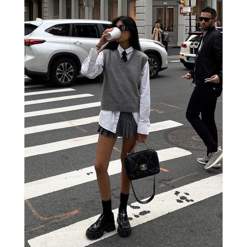 

Fashion Style V-neck Sweater Women s Early Spring Loose Sleeveless Short Preppy Style Bandage Dress Vest Sweater Sweater Vest Sweater Gray L