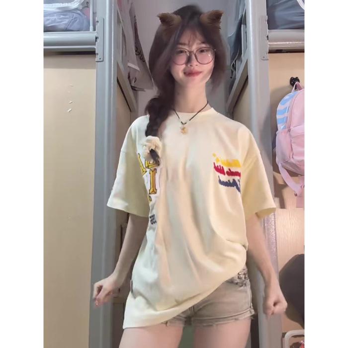 Women's Retro Black & White Cotton Crew Neck Loose T-Shirt - Summer 2025 Collection