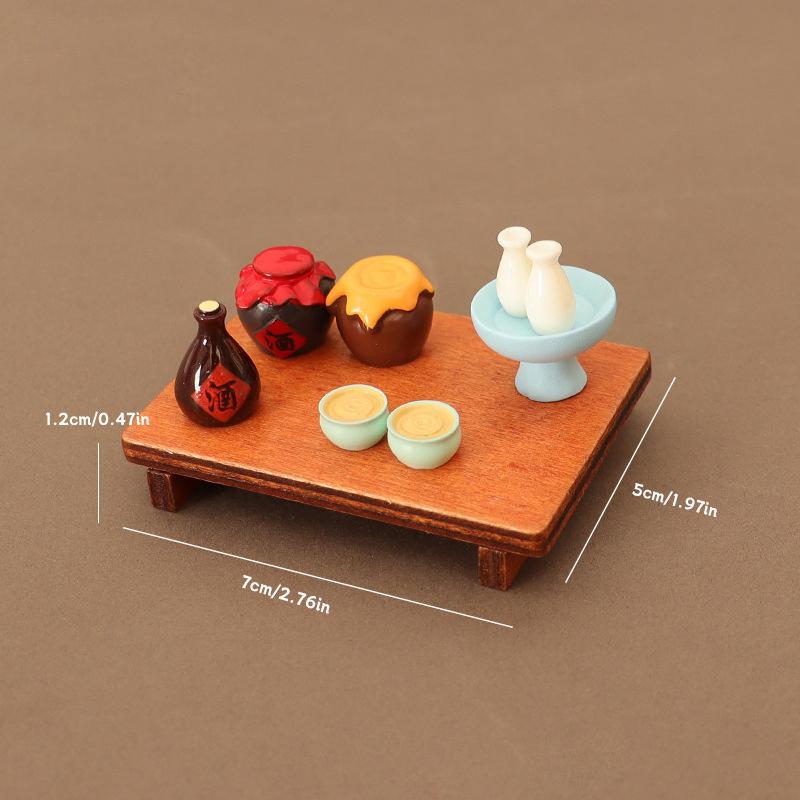 1 Set 1/6 1/12 Dollhouse Miniature Food And Game Simulation Low Table Square Table Wine Jar Wine Bowl Sake Model