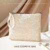 Lace Cosmetic Bag With Pearl Wrist Strap And Semi Transparent Design Perfect For Daily Makeup Storage Travel Use