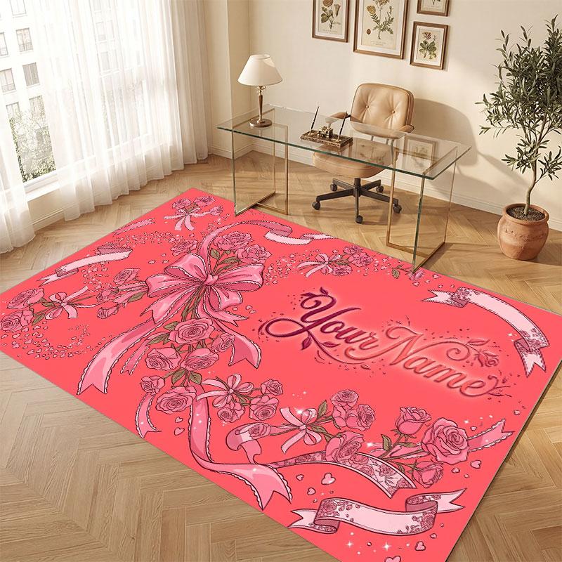 Floral Garden Theme Crystal Velvet Floor Rug Personalized Custom Name Text Warm Carpet Home Decoration