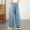 DIMANAF 2026 Summer New Plus Size Women Jeans Print Floral Elastic Waist Long Pants Loose Casual Denim Cotton Trousers Pants