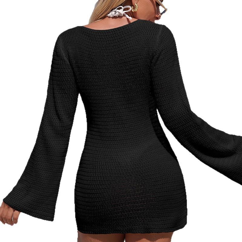 Women's Dress, Beach Cutout Fashion, Shell Metal Decoration, Hip-hugging Long-sleeved Knitted Beach Dress