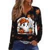 Women's Casual Long Sleeve T-Shirt with Halloween Print V-Neck and Button