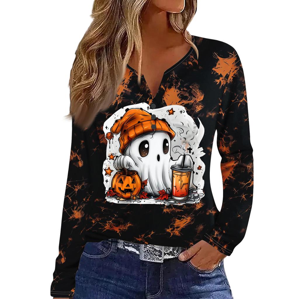 Women's Casual Long Sleeve T-Shirt with Halloween Print V-Neck and Button
