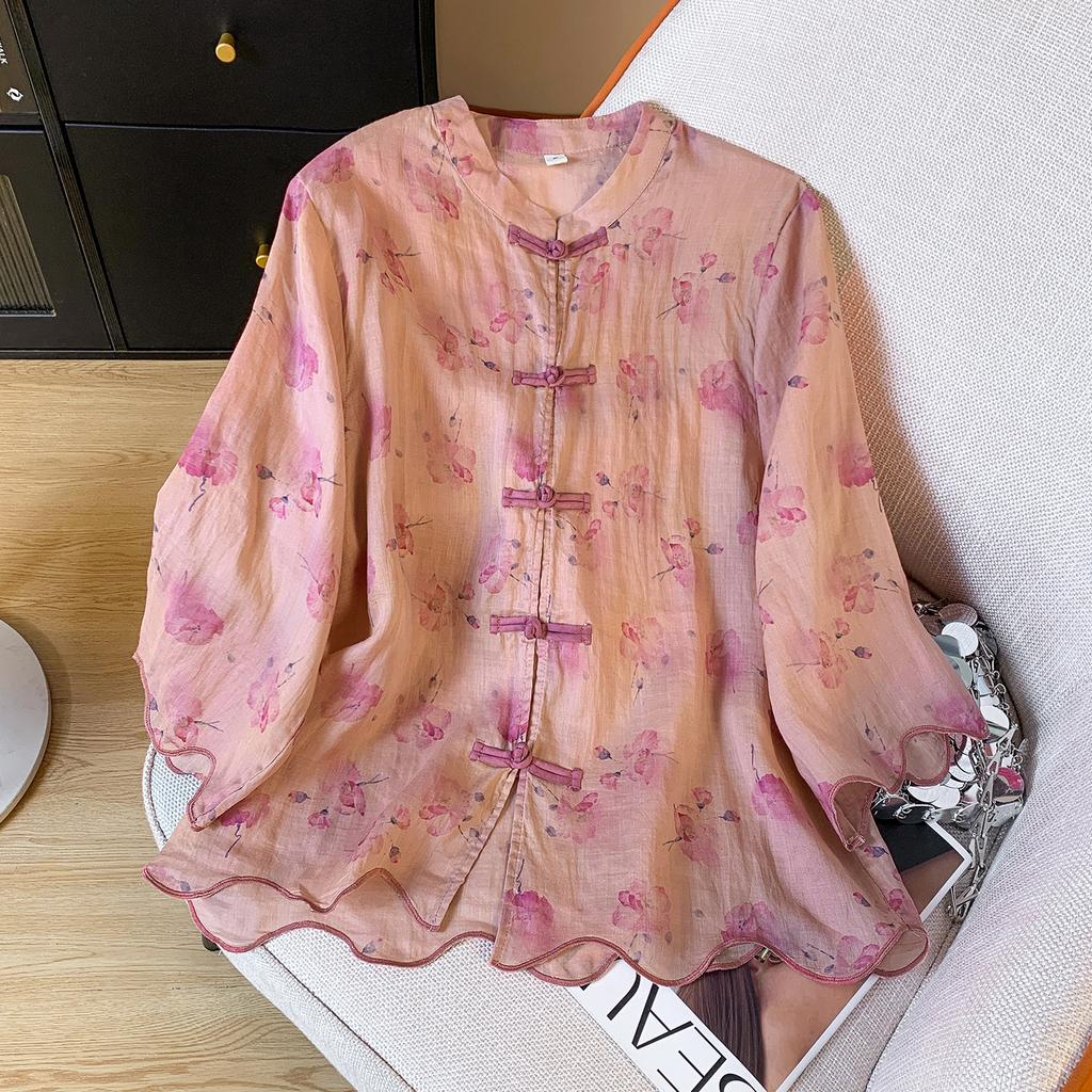 Retro printed cotton and linen shirt women's summer new medium round neck disc button seven-quarter sleeve zen cardigan top