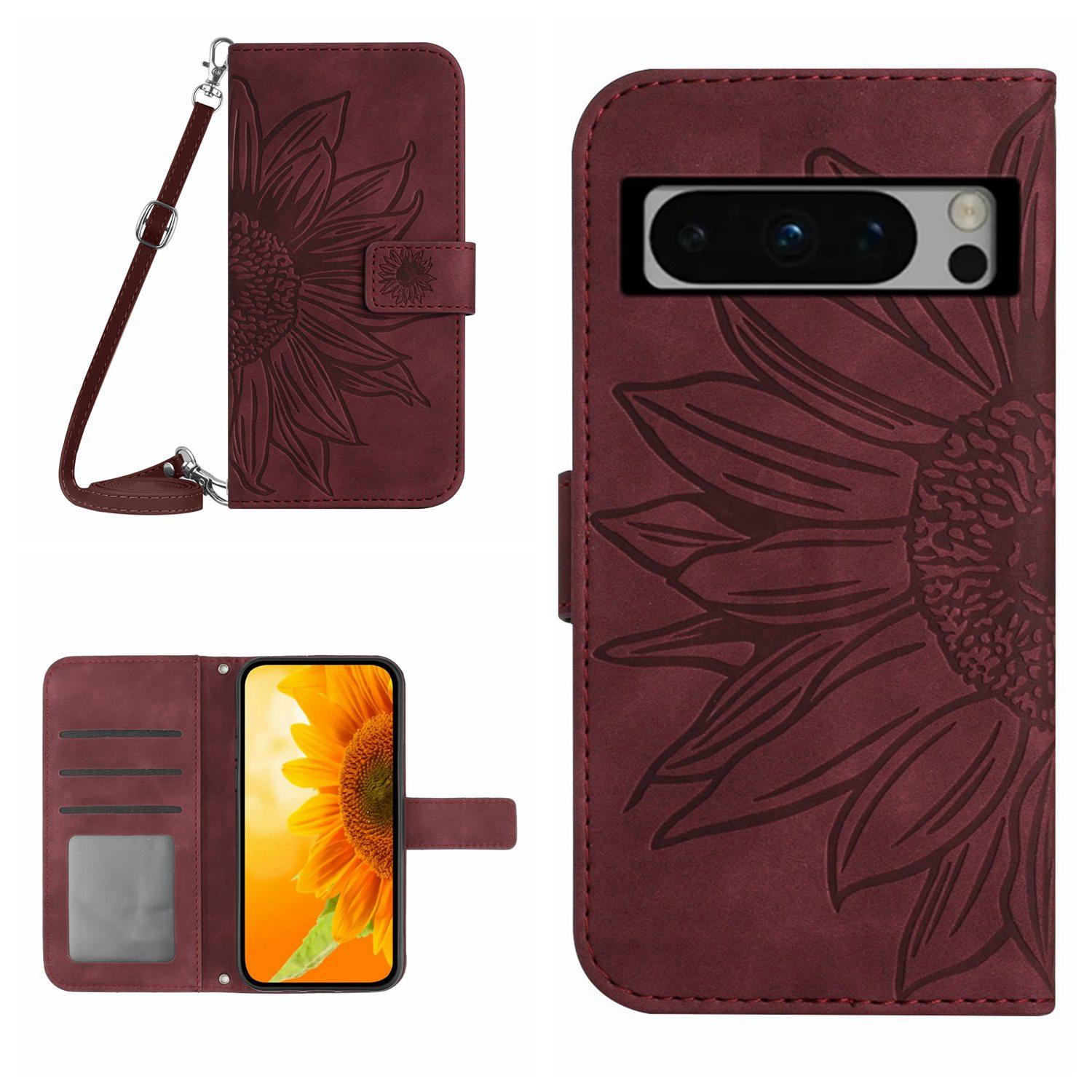 

HT04 For Google Pixel 8 Pro Skin-Touch PU Leather Case Wallet Stand Imprinted Phone Cover with Shoulder Strap Wine Red