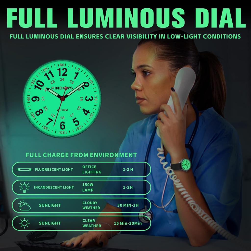 PINDOWS Analog Quartz Watch with Silicone Highly Luminous Dial for Easy Perfect for Younger Generation and Students Women's Band, Visible, Waterproof,