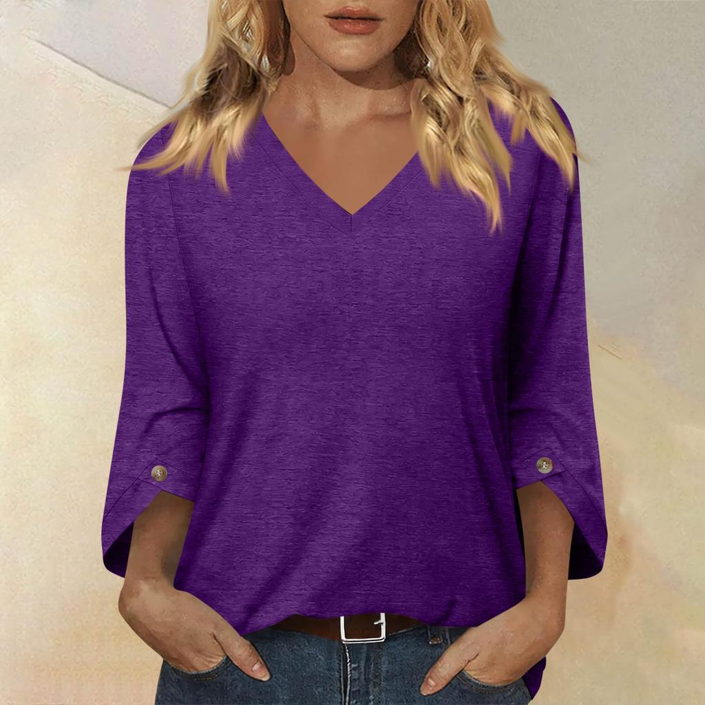 Womens V Neck Three Quarter Sleeve Blouse Loose Fit Button Lightweight Pullover Top for Casual Office Wear