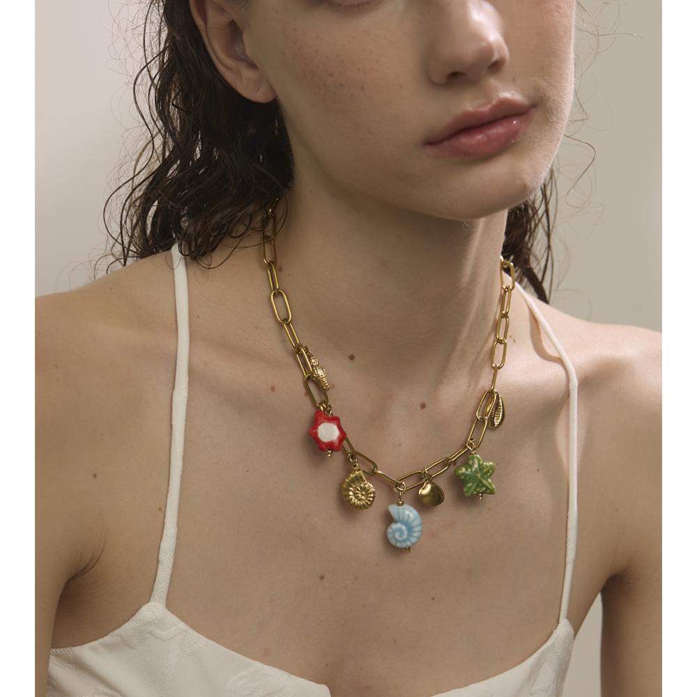 Yhpup Ocean Style Exquisite Ceramic Shell Starfish Turtle Drop Golden Necklace for Women Stainless Steel Trending Jewelry