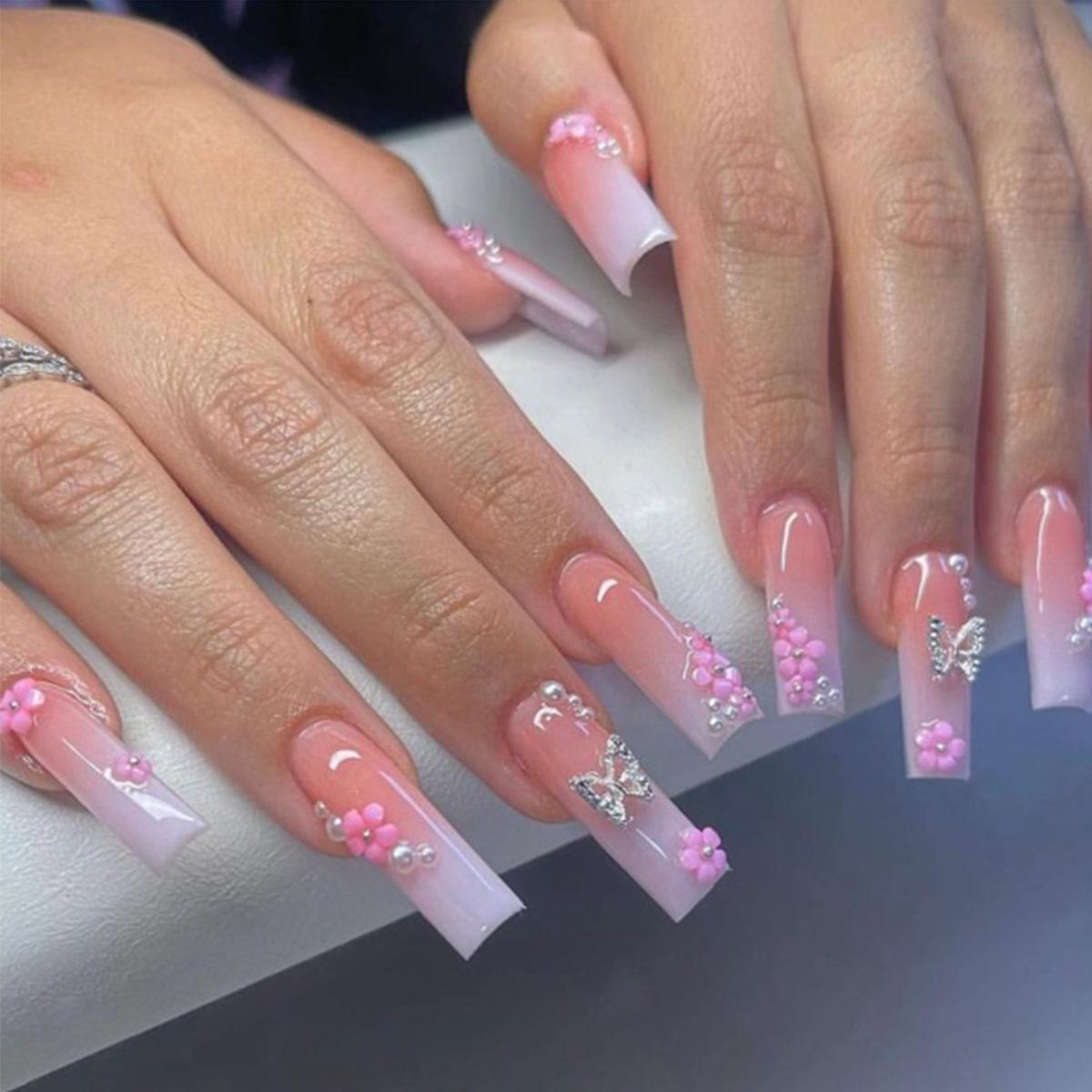 

Pink Gradient Floral Butterfly 3D Wearable False Nail Set