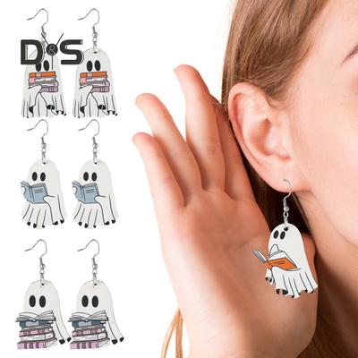 Brincos de fantasma de Halloween Brincos de fantasma de madeira com livro para festa de Halloween Jóias para mulheres Maquiagem e uso diário