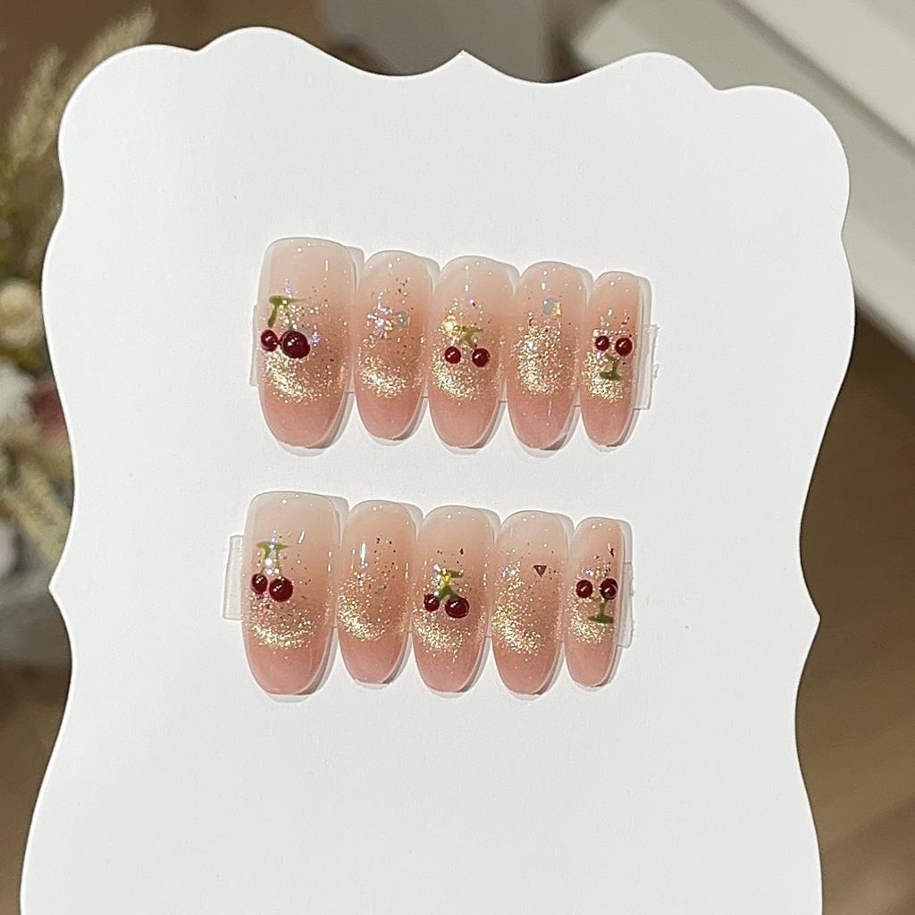 Kirsche Süßer Traum Handgezeichnet Niedlich Kirsche Blinzelnd Goldenes Lächeln Katzenauge Goldfolie Pailletten Rüstung tragen