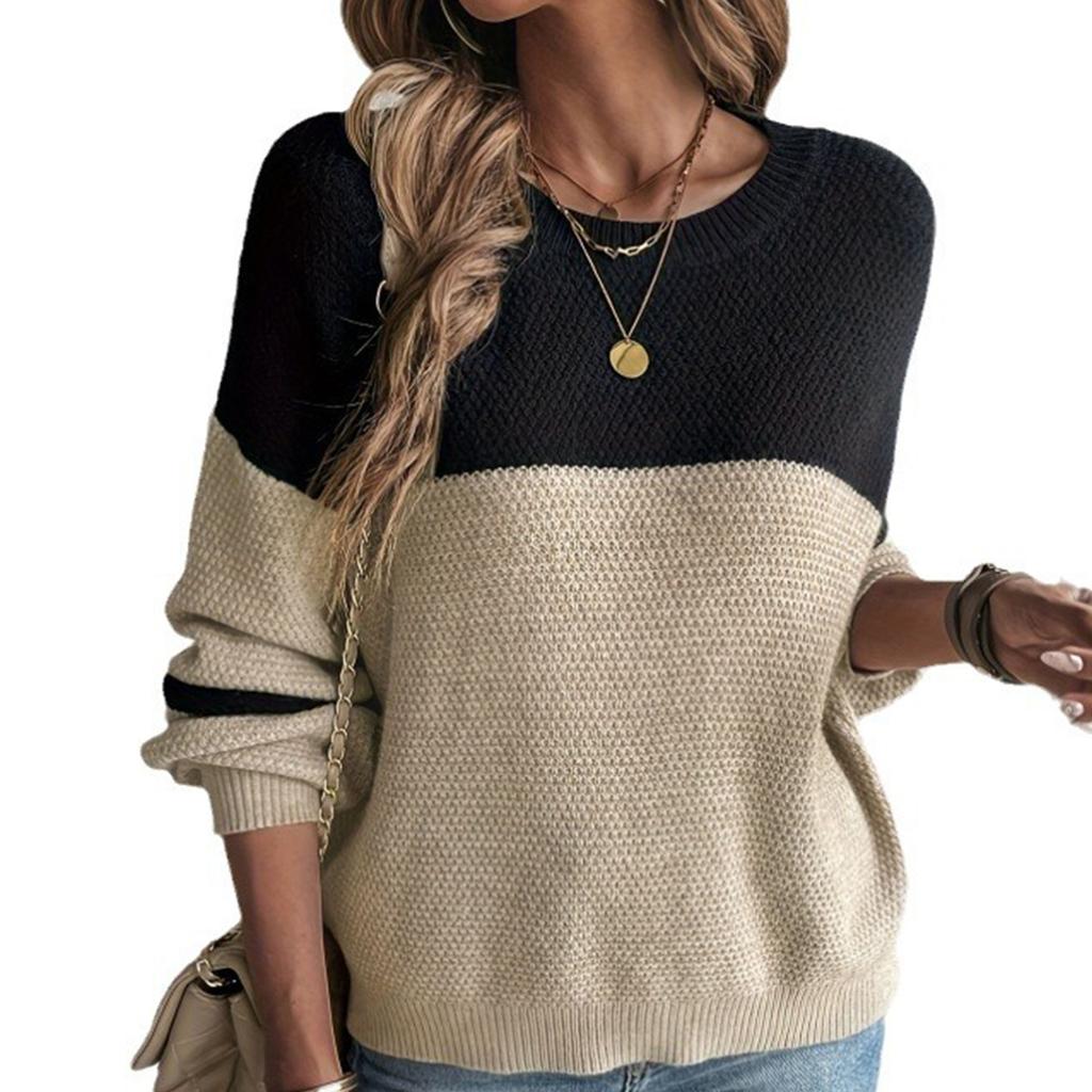 Women's Casual And Fashionable Round Neck Long Sleeved Color Blocked Knitted Sweater