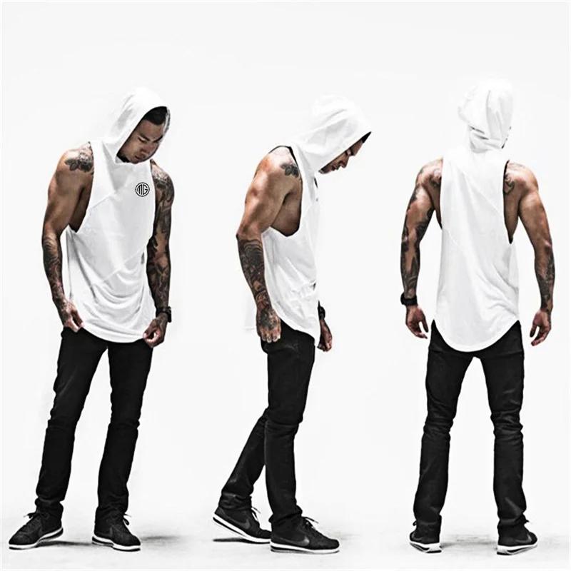 Muscleguys Running Vests with Hooded Mens Cotton Patchwork Mesh Gym Clothing Fitness Tank Tops Bodybuilding Stringer Workout Singlet
