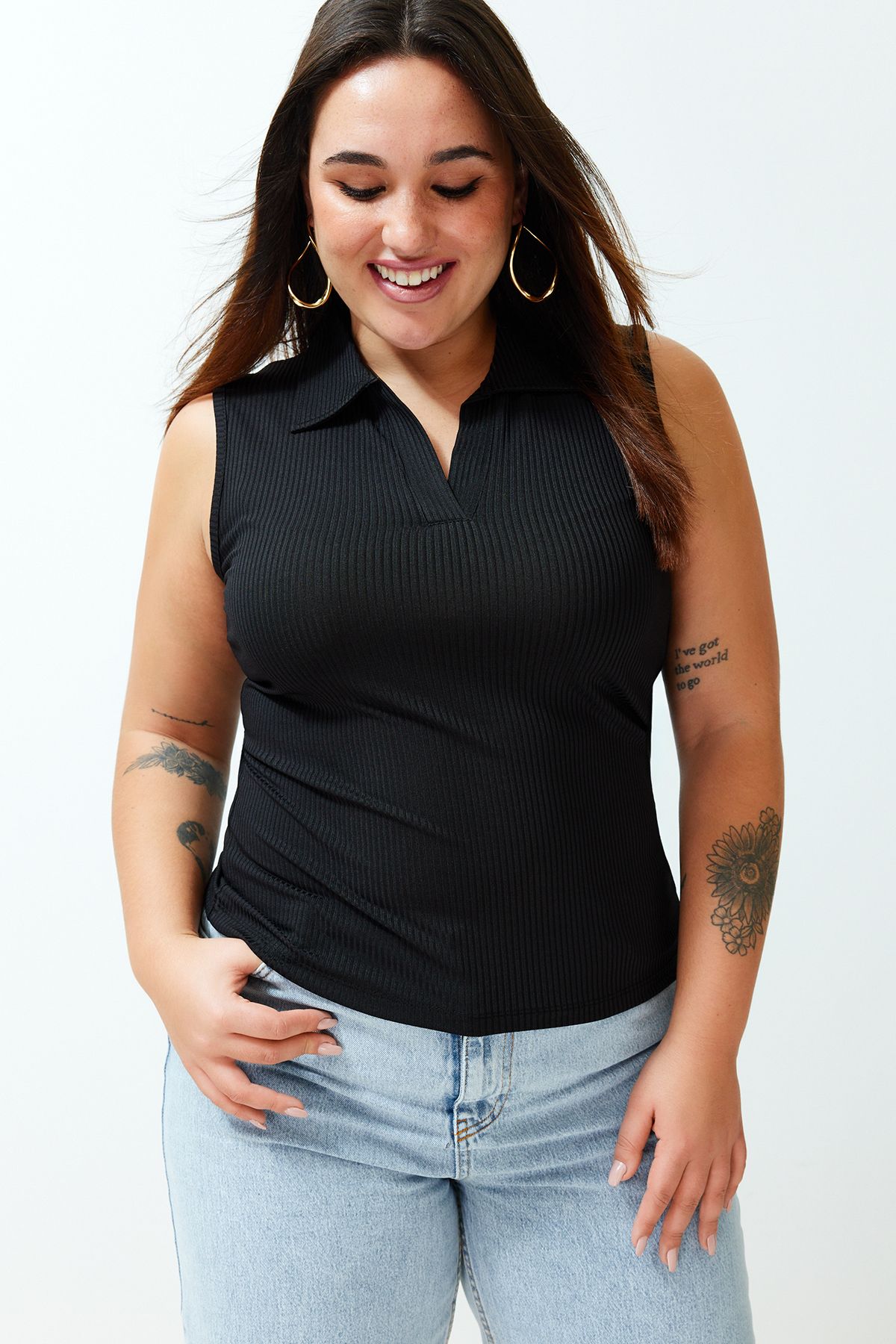 

Women s Style Plus Size Blouse Black Fitted Polo Neck Stretchy Knitted Blouse 2XL