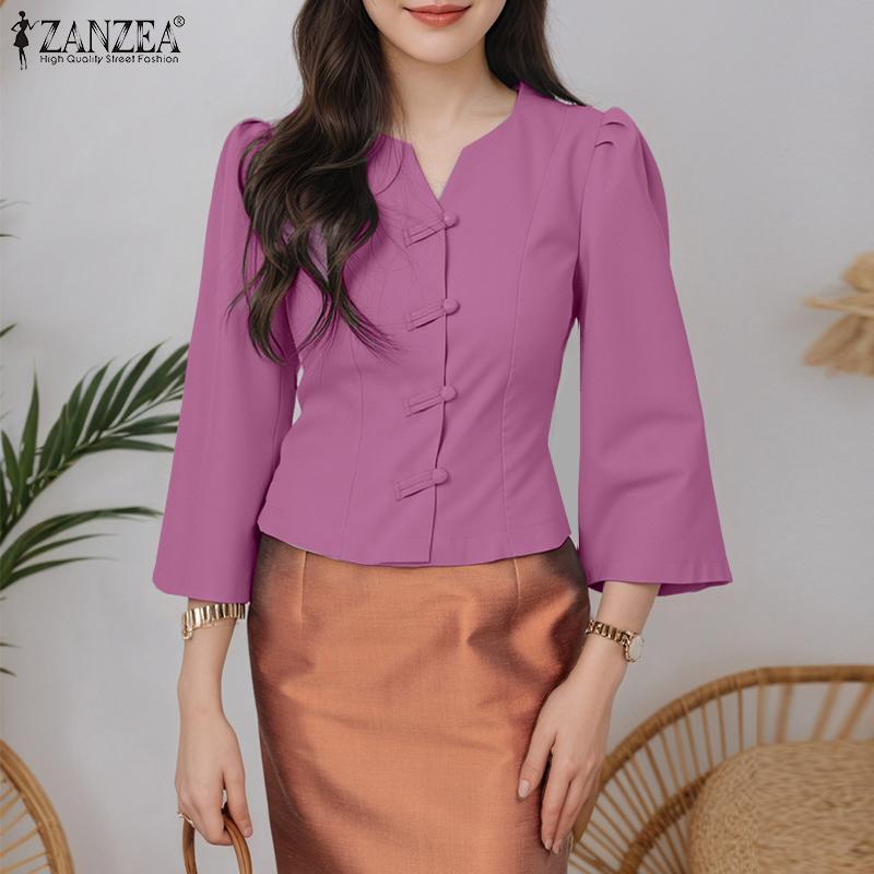 ZANZEA Women Casual V-Neck Solid Color 3/4 Sleeve Blouse