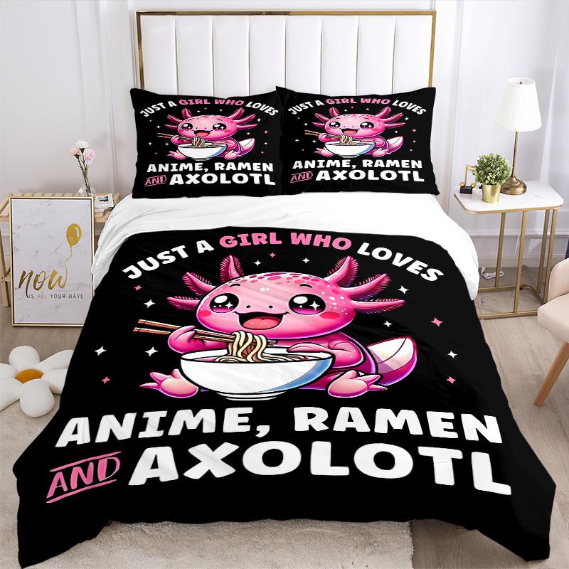 3pcs Colorful Axolotl Enjoying Ramen Quilt Cover Set (1 Quilt Cover + 2 Pillowcases Without Pillow Core), High-Definition Printing for Home and D
