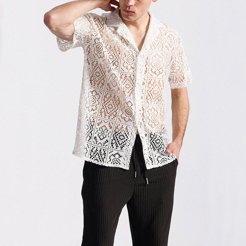 Men's Lace Short Sleeve Shirt Summer Casual Breathable Tops Fashionable Hundred Men's Tops