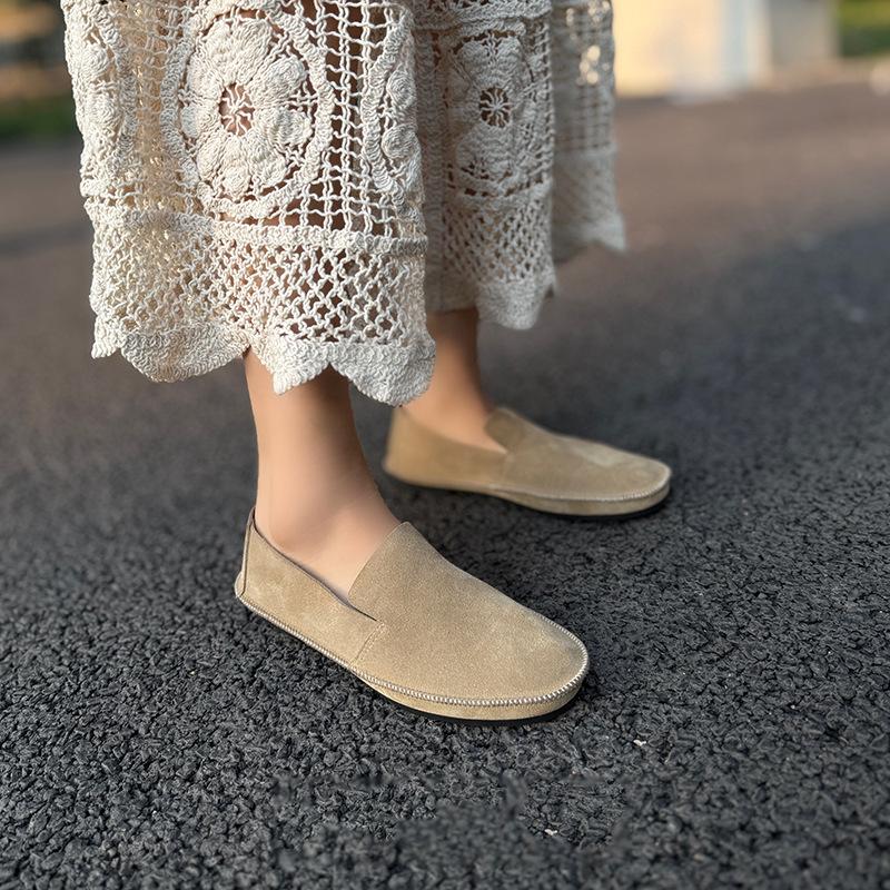 Johnature Retro Handmade Cow Suede Loafers Versatile Round Toe Soft Soled Women's Flat Slip-on Shoes