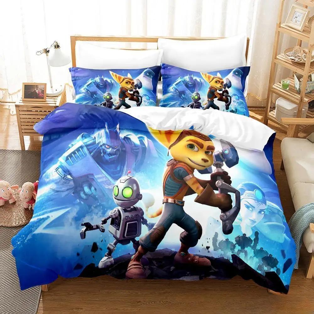 Ensemble de literie 3D Jeu Ratchet & Clank Rift Apart Ensemble de lit imprimé Housse de couette Drap Taie d'oreiller Lit Couette douce Taille Double Queen King