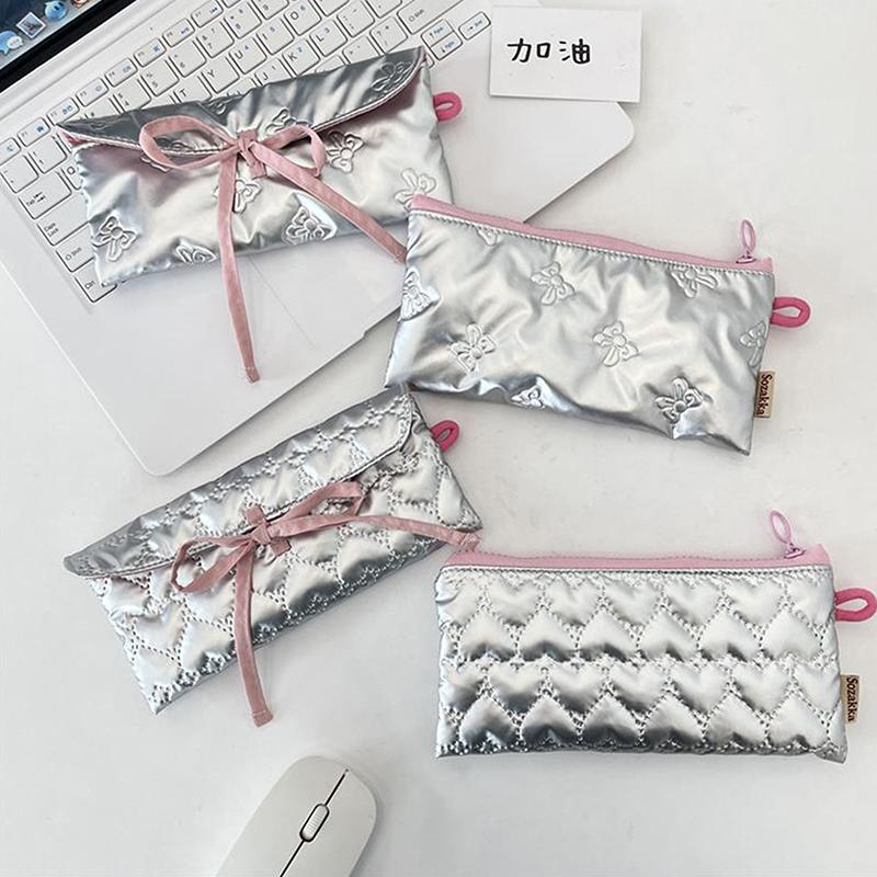 Sweet Quilted Bow Love Flap Pencil Case Organizer Coin Purse  Girly Cosmetic Bag Women Portable Sundries Storage Bag Gift
