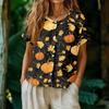 Women's Fashion Henley Neck Single Breasted Shirt Halloween Print Short Sleeve Casual Top Lightweight Blouse
