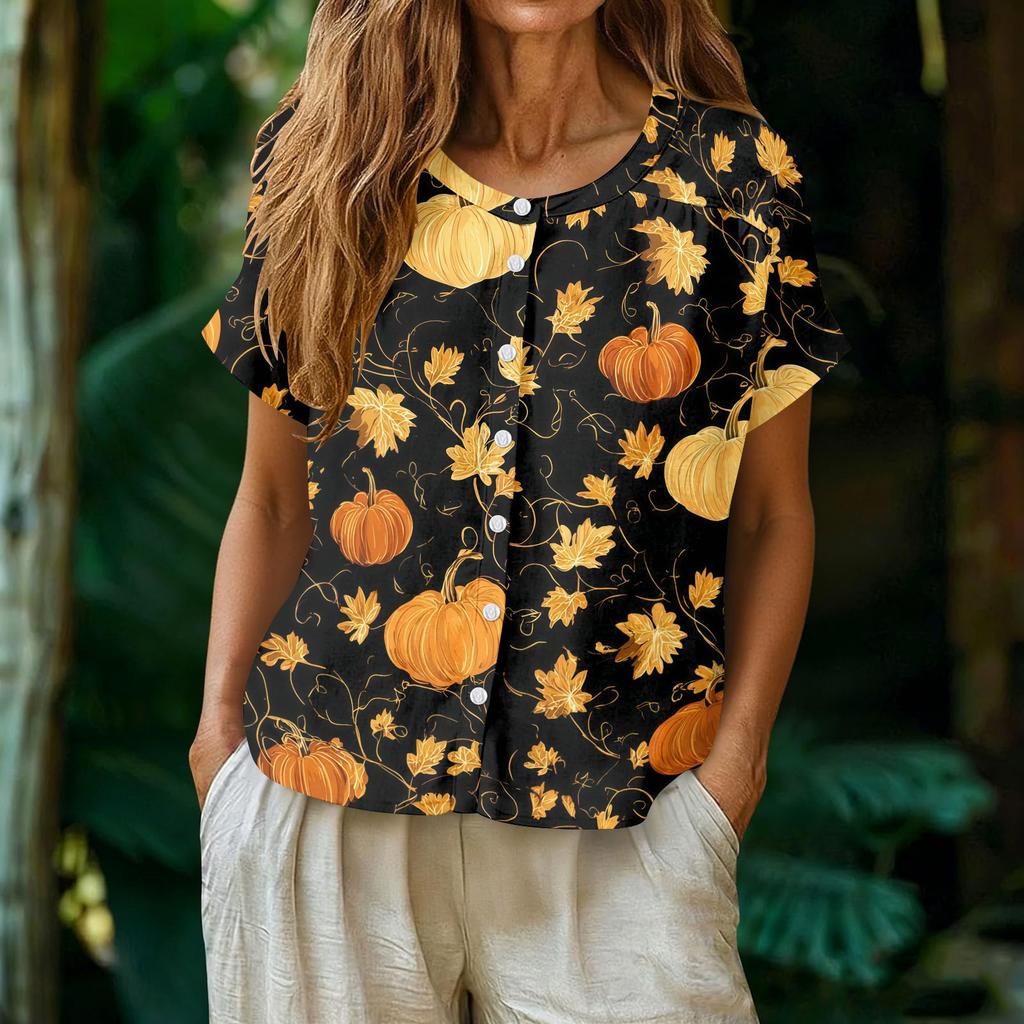 Women's Fashion Henley Neck Single Breasted Shirt Halloween Print Short Sleeve Casual Top Lightweight Blouse
