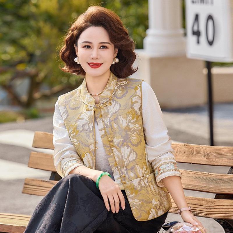 

2026 Chinese Style Spring Vest Jacket - Printed Shawl for Middle-Aged & Elderly Women 4XL (135-150 jin) жёлтый