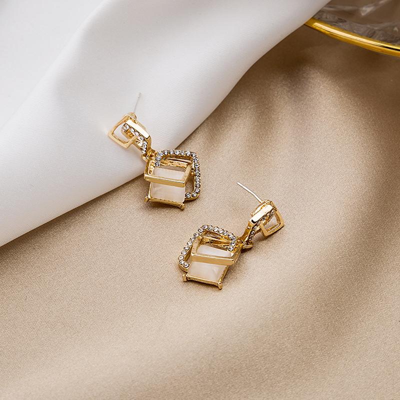 Geometric Square Earrings, Opal Diamond-Set Rhombus Temperament Trendy Stud Earrings.