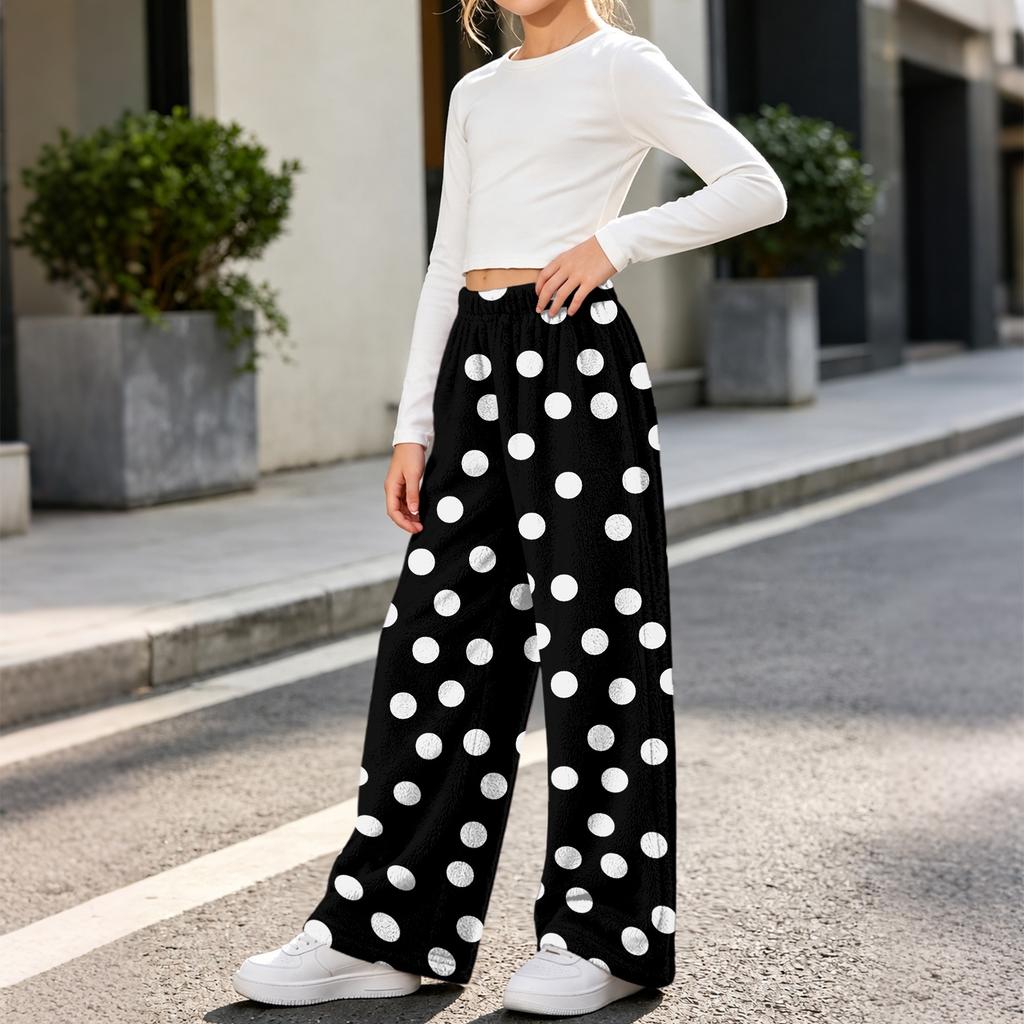 Girls' Flannel Printed Pants, Warm Loose Fit Casual Trousers for Fall and Winter