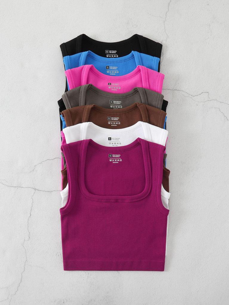 Plus Size Quick-Dry Ribbed Yoga Sports Tank with Square Neck