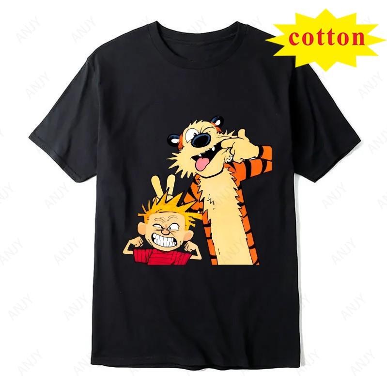 Calvin And Hobbs Tiger Hug Printed Tshirt American Retro Comic Unisexs And Unisexs Short Sleeve Shirt