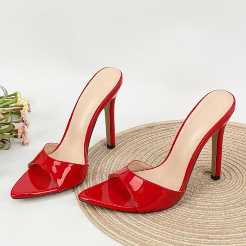 Velká velikost 43 Červená lakovaná kůže Dámské tenké vysoké podpatky Moderní pantofle Letní párty Banketové boty Dámské sandály De Mujer