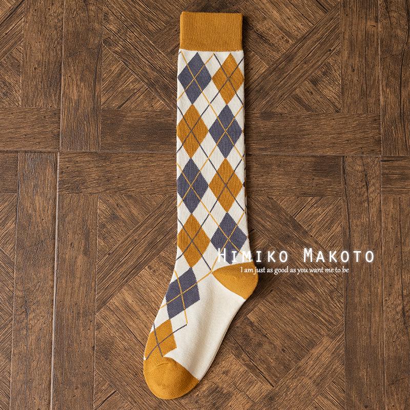 Korean Style Cotton Diamond Pattern Knee-High Retro Socks for Women