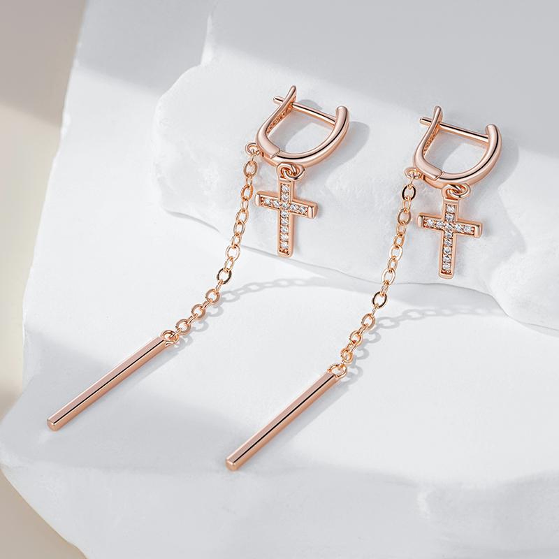 Trendige lange Quaste Kreuz Hängeohrringe für Damen Mode Roségold Farbe Mit Natürlichem Zirkon Feiner Tägliche Schmuckstücke