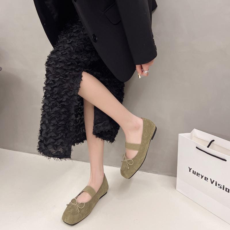 New Literary Bow Square Head Shallow Mouth Mary Jane Single Shoes Women's Flat Suede Commuter Grandma Shoes