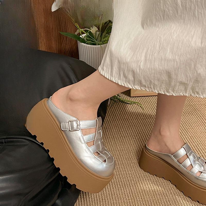 

Туфли-сандалии с вырезами, женские, на толстой подошве-маффине, увеличивающие рост, шлепанцы 40 серебряный