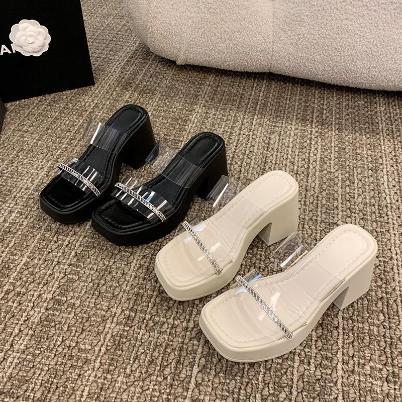 French Rhinestone Thick-soled Thick-heeled Cool Slippers for Women's Summer Wear 2025 New Fairy-style Transparent High-heeled One-word Slippers