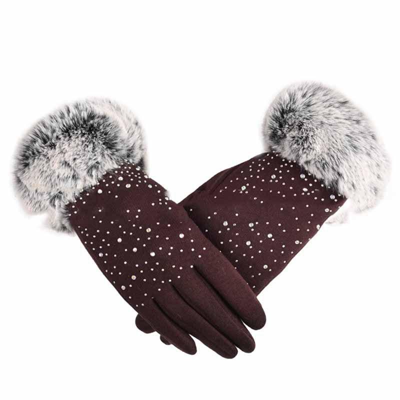 Winter Womens Fashion Outdoor Sport Warm Fur Crystal Thick Finger Mittens Gloves