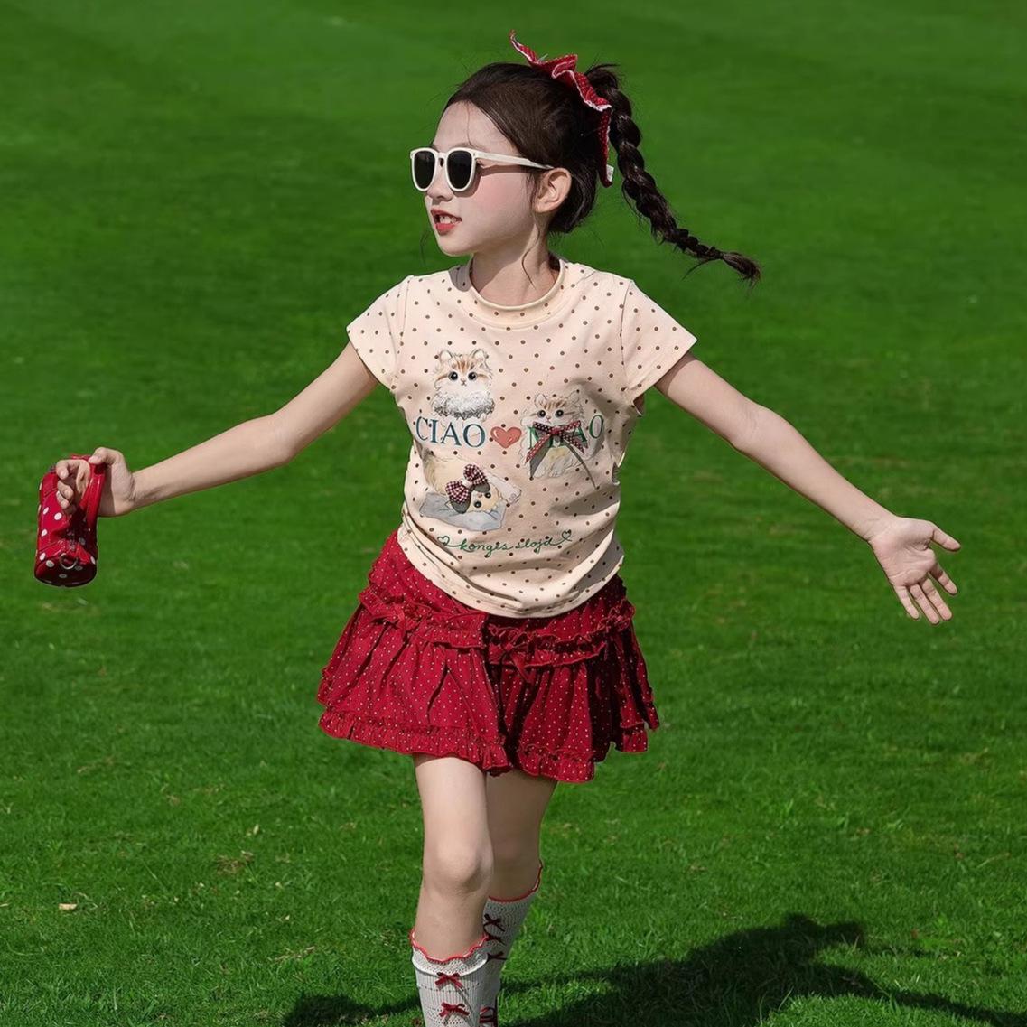 Girls Summer Short Sleeve Polka Dot Dress Sweet and Stylish Outfit 110