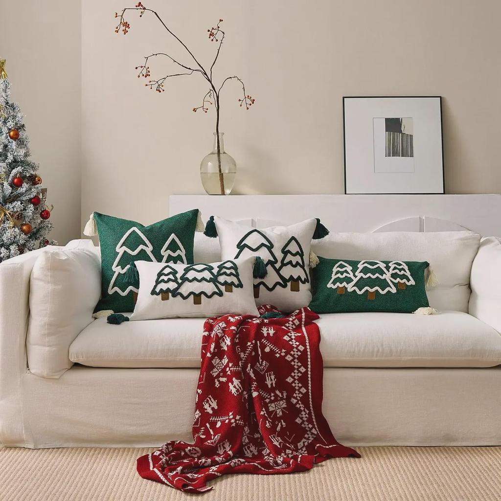 Cross-Border Christmas Tree Embroidered Canvas Pillowcases with Tassels for Sofa Decoration