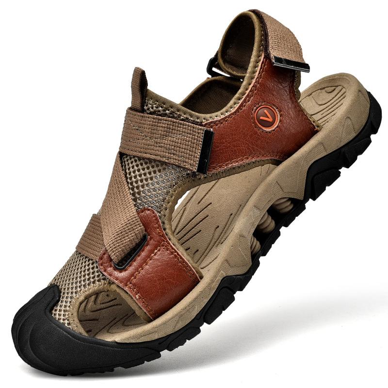 

Мужские сандалии лето новые уличные альпинистские нескользящие туфли мягкая подошва износостойкая кожа повседневные для среднего возраста сумка голова пляжная обувь 38