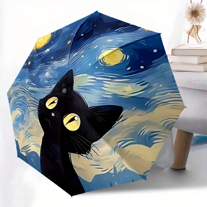 1pc Van Gogh Starry Night Cat Automatic Open 8-Rib Windproof Umbrella, Travel & Commuting, Suitable for All Seasons, Lightweight Portable,058